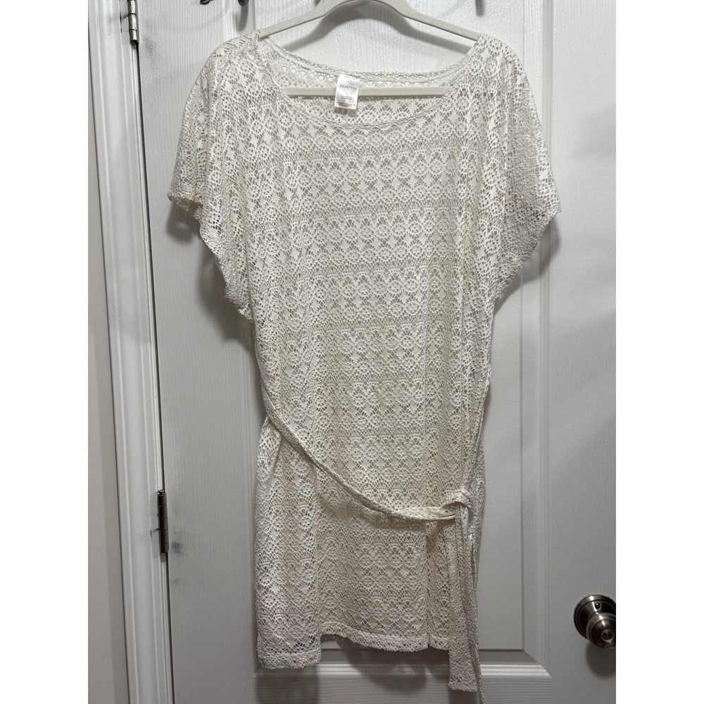 Merona Womens L Ivory Crochet Lace Tunic Dress Belted Dolman Sleeve beach resort